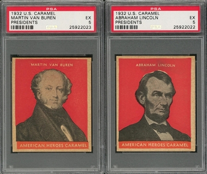 1932 R114 U.S. Caramels "Presidents" PSA EX 5 Pair (2 Different) – Including Lincoln and Van Buren